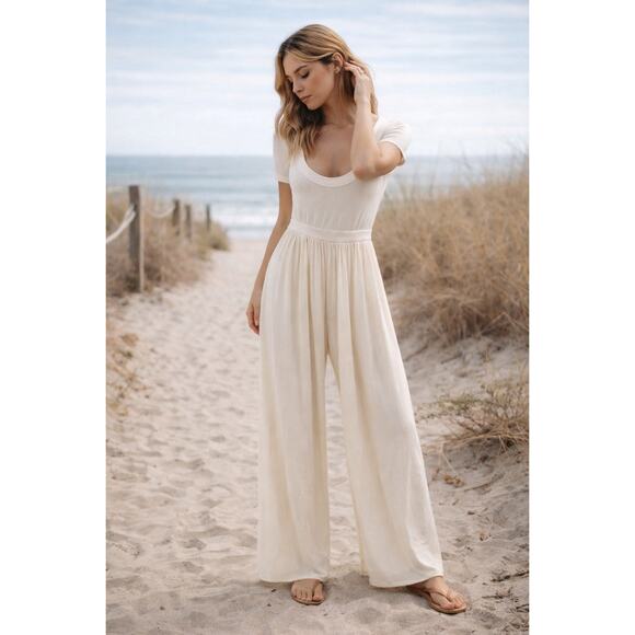 Free People Pants - Free People FP Beach Ivory Wide Leg Jumpsuit Boho Flowy Lounge XS Cottagecore